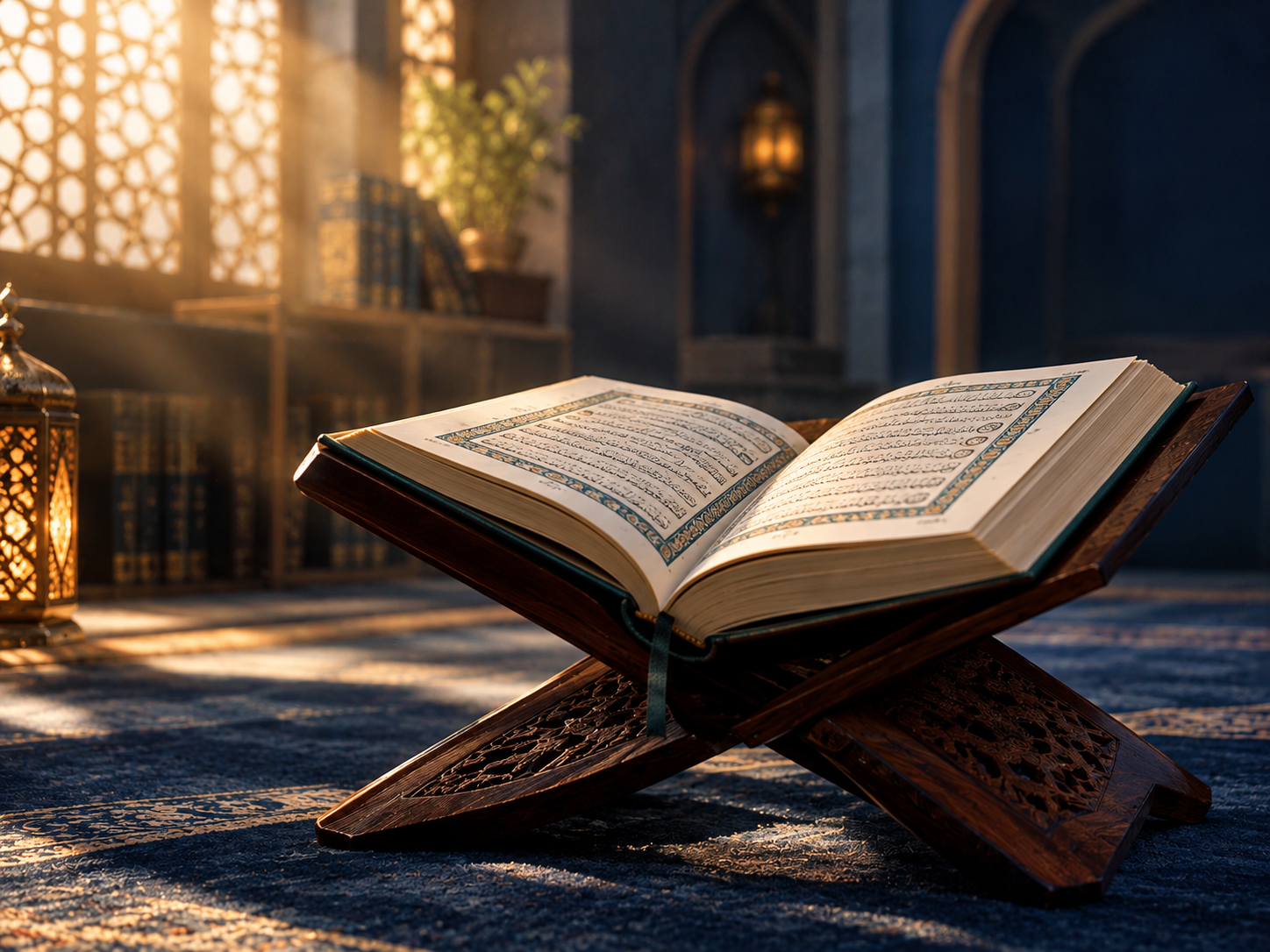 Open Quran on a wooden stand in warm light