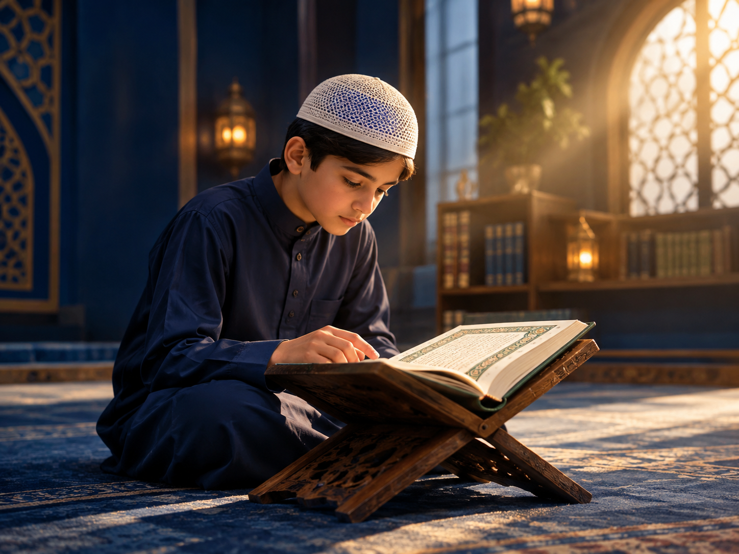 Boy reading the Quran on a wooden stand