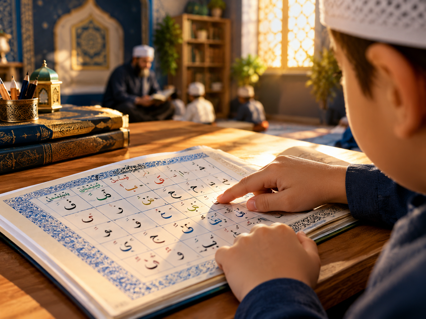 Child pointing at a Noorani Qaida letter chart