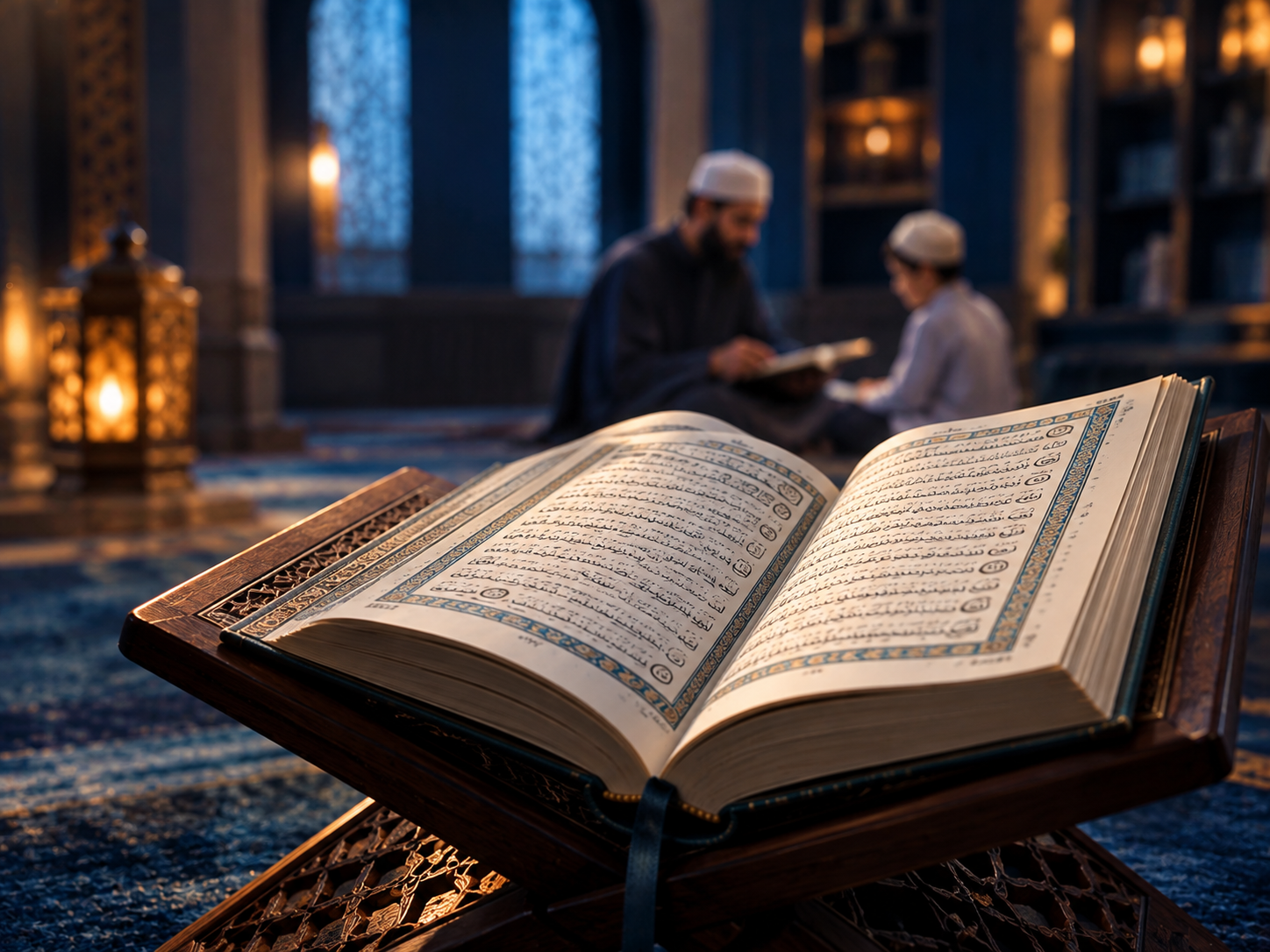 Open Quran with a teacher and student in the background